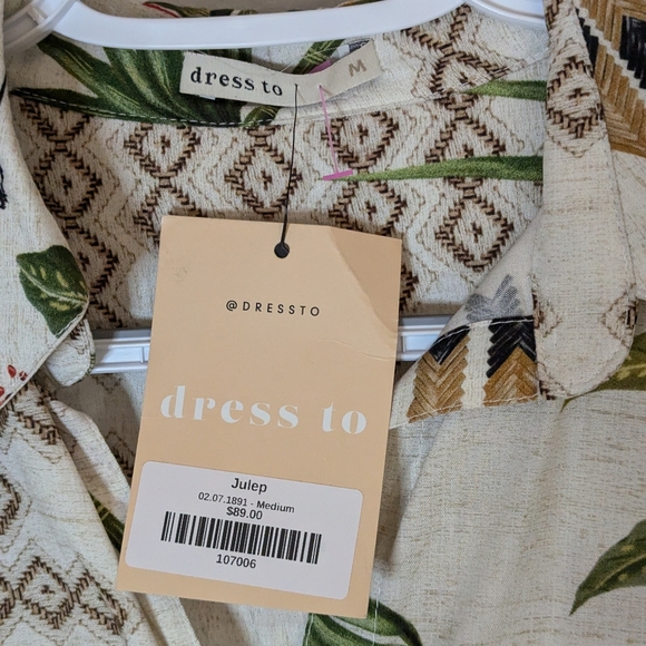 Dress To tropical print blouse long sleeves tunic lenght cream green tan New szM - Picture 7 of 7